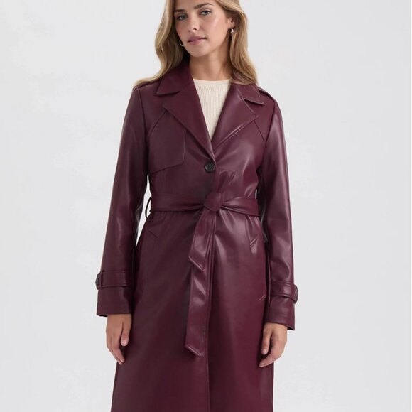 Ellen Tracy Women Single Breasted Faux Leather Trench Coat Size Small Wine Color - Picture 1 of 4